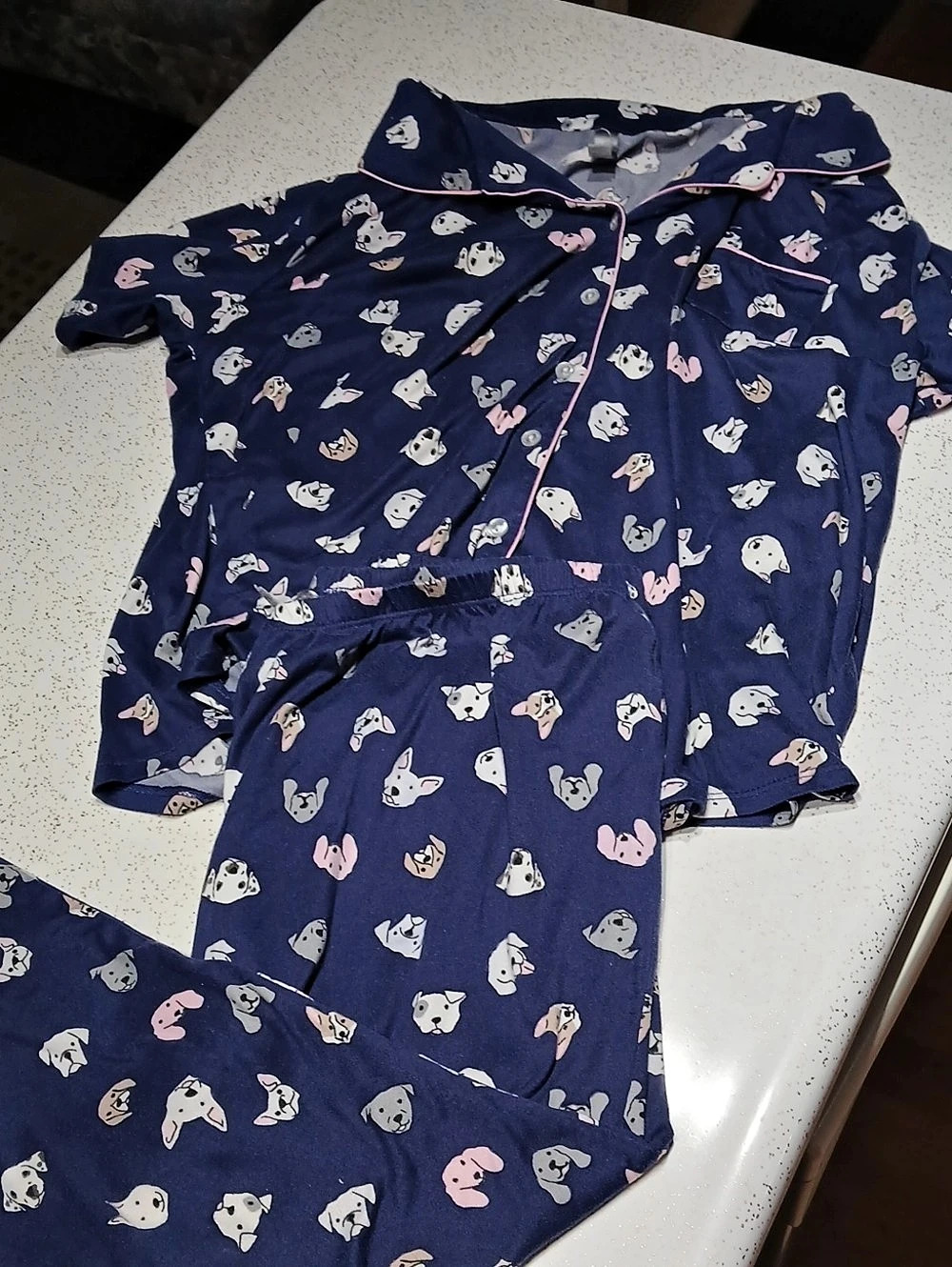 Ellen Tracy Dog Print Pajama Set in Blue & Pink Size Medium